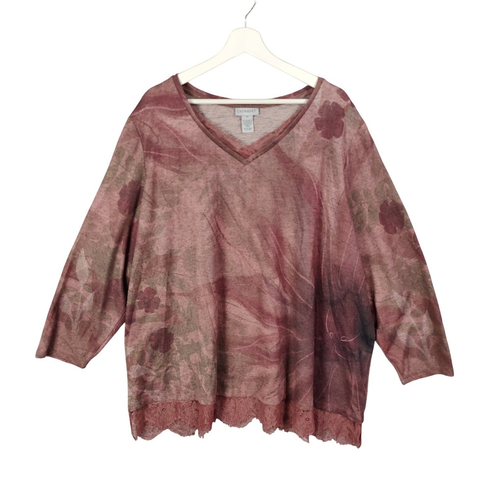 Catherines Women Cottagecore Romantic Top 3X Mauve Floral Lace Trim V-Neck Shirt